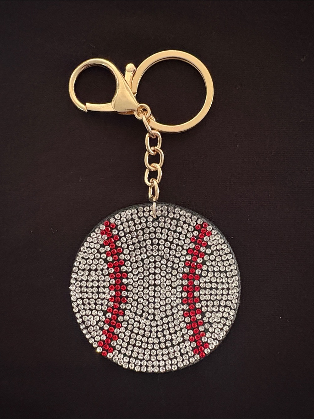 Pastels Gold-Tone Hardware Baseball Rhinestone Keychain Bag Charm - White & Red